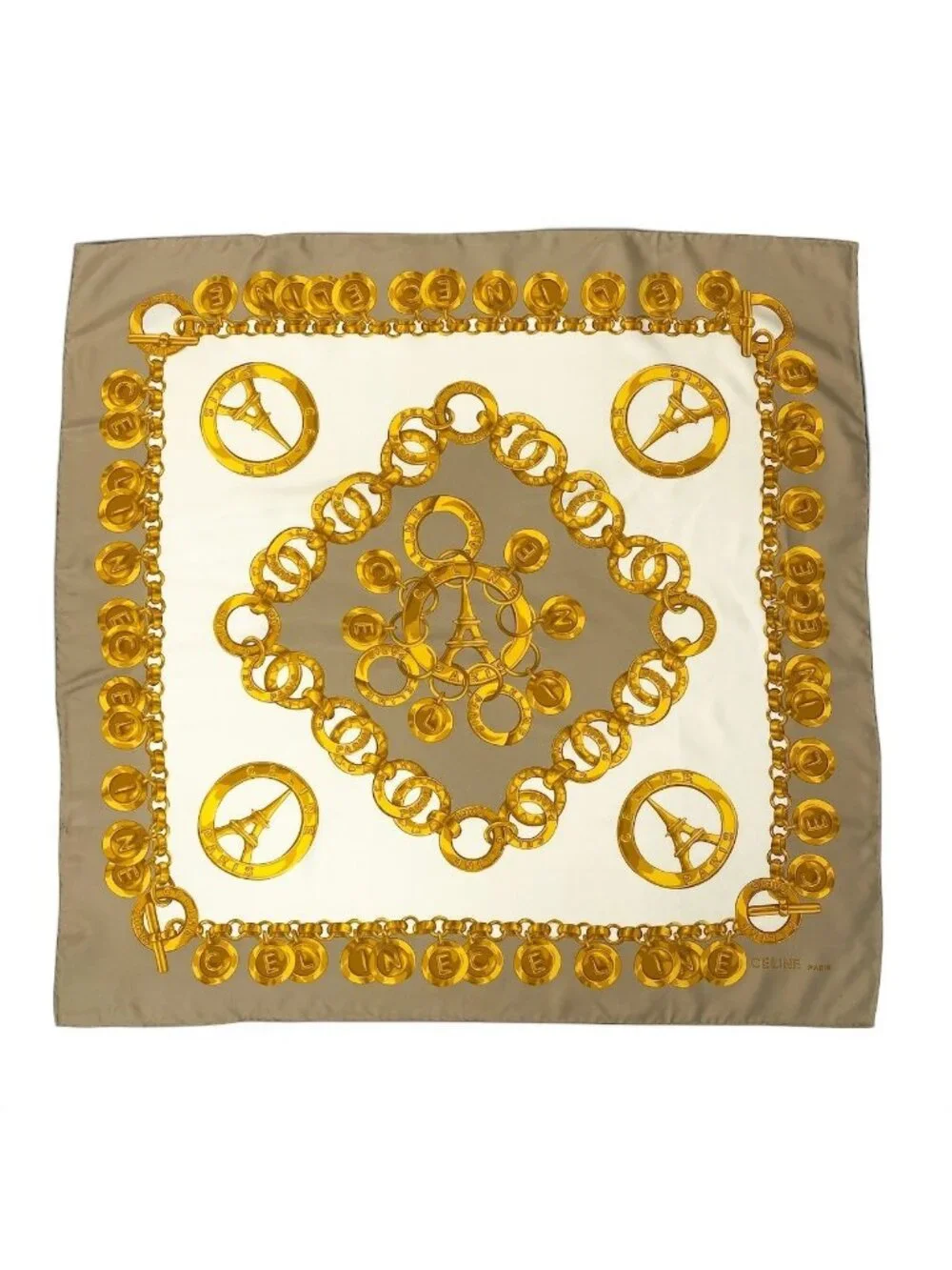 Celine Scarf Bandana Chain Coin Motif Beige White Silk